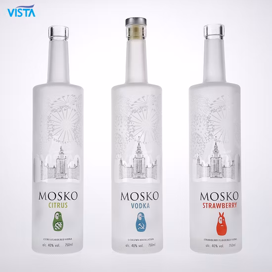 375 ml, 37,5 cl, 500 ml, 50 cl, 750 ml, 75 cl, 1000 ml, 100 cl, Spirituosen, Likör, Wodka, Whisky, Wasser, Glasflasche mit Schraubverschluss, Korkverschluss, hohe Feuersteinfarbe, klare Farbe